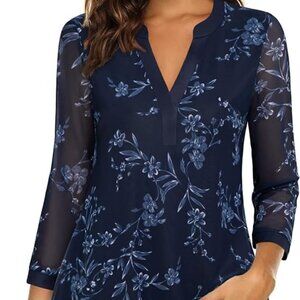 Timeson Women's Blouse for Business Casual, Office Wear - Multi Blue (Large)